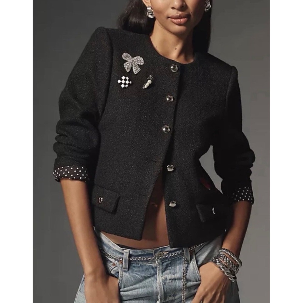 NWT By Anthropologie Tweed Pin Jacket Embellished Crop Rhinestone Bow Heart M